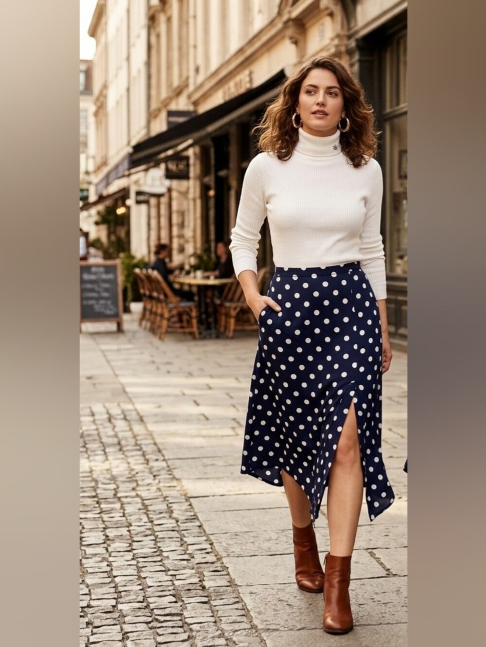 MANGO Casual Navy Polka Dot Asymmetrical Midi Skirt‎ Front Slit Size S Small